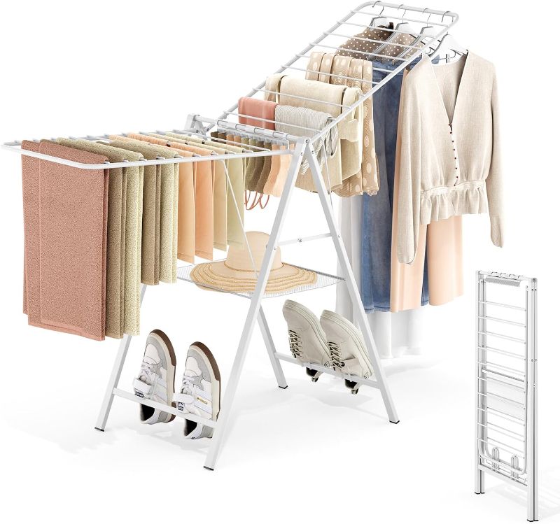 Photo 1 of APEXCHASER Drying Rack for Clothing Foldable, Metal Laundry Rack Collapsible, Ultra Thin Gullwing Clothes Airer with Adjustable Height for Towel Baby Clothes Indoor Outdoor Laundry Room, White
