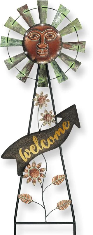 Photo 1 of TERESA'S Collections Garden Decor with Solar Outdoor Lights, Wind Spinner Yard Art Sign for Outside, 37'' Bronze Metal Sun Face Windmill Decorative Garden Stake for Lawn Ornaments, Gifts for Mom
