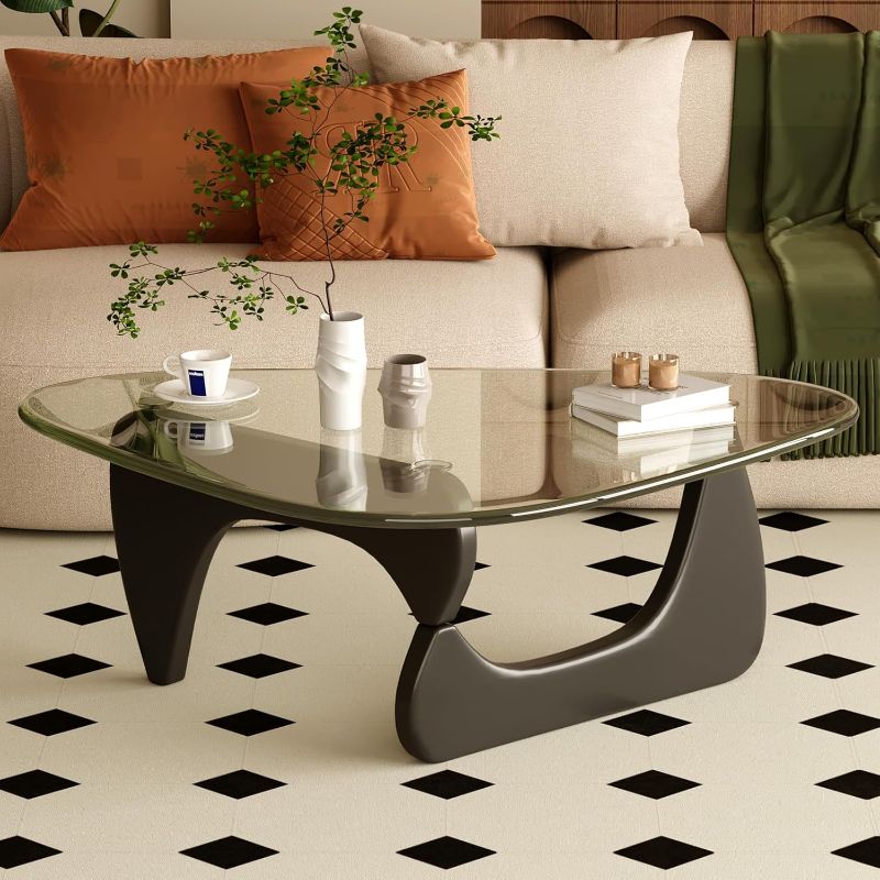 Photo 1 of Coffee Table for Living Room Mid Century Modern Center Table with Glass Top and Oak Wood, Transparent/Black