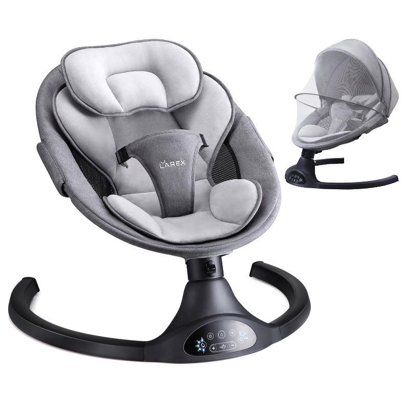 Photo 1 of LAREX Baby Swing Infant Swing Electric Toddler Baby Rocker Portable for Newborn Boy Girl, 5 Sway Speeds with Remote Control, 10 Preset Melodies and Bluetooth, 0-6 Months Max 20 Lbs (Black)
