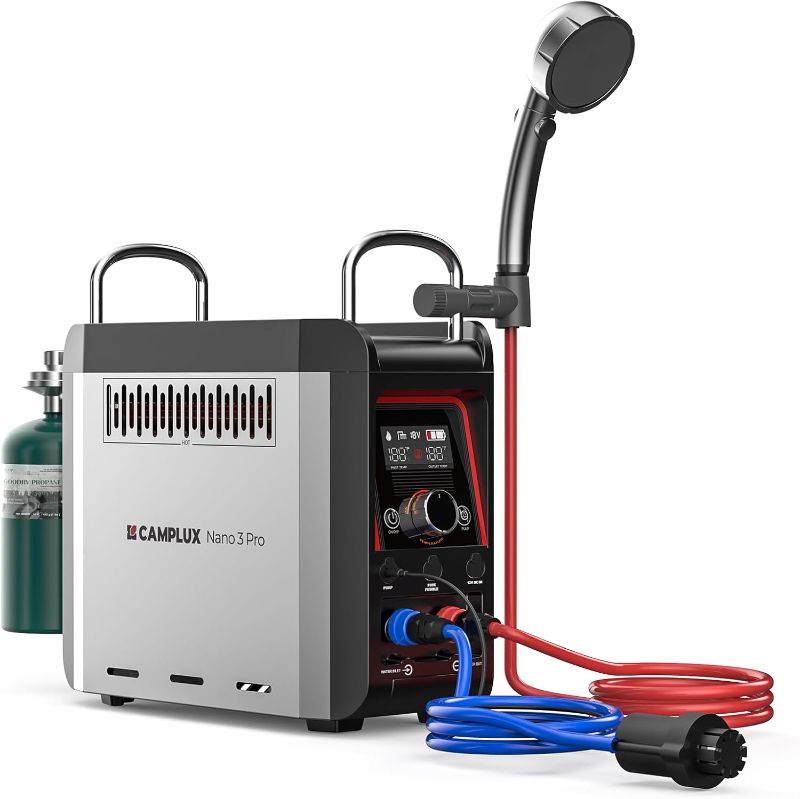 Photo 1 of CAMPLUX Nano 3 Pro, Battery Powered Portable Water Heater, 1 lb On-Demand Propane Camping Shower, On Ground Camp Water Heater & Shower Pump
