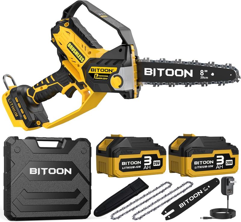 Photo 1 of *Red* BITOON 8-Inch Mini Chainsaw with 2PCS 3.0Ah Battery and Charger, Auto-Oiler, Brushless Cordless 8-Inch and 6-Inch 2-in-1 Pruning Chain Saw, Portable Electric Chainsaw for Cutting Wood, Branches 
