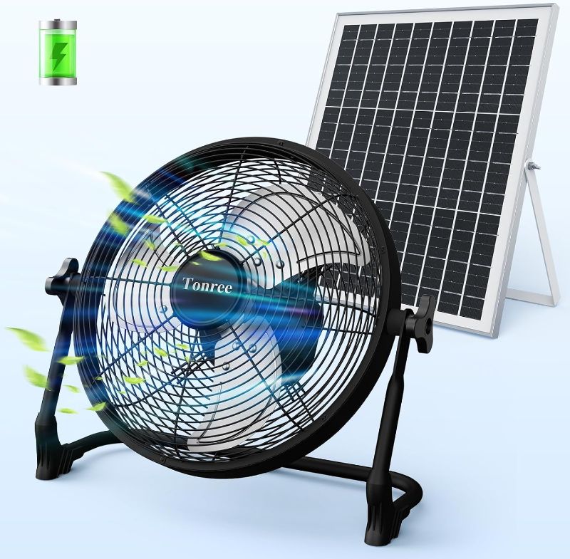 Photo 1 of 14" Portable Battery Operated Solar Fan, Rechargeable Floor Fan, Hi-Velocity Cordless Camping Fan, USB Phone Charge, 12-60H Runtime, Quiet, Wireless, For Travel Shed Outdoor Home Garage Tent Car Barn
