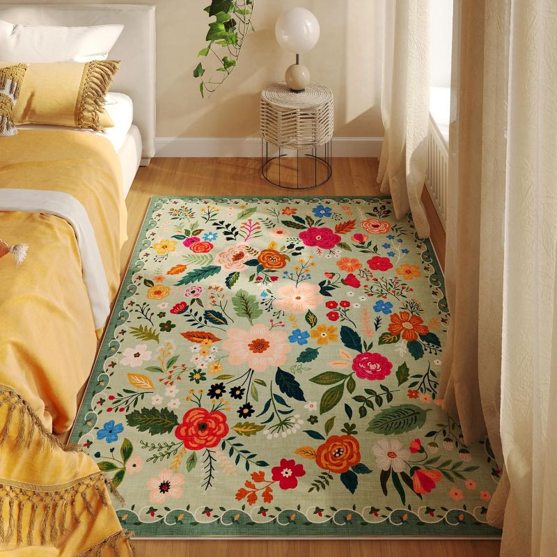 Photo 1 of Bedroom Rug 3x5 Rug Washable Area Rug Non Slip Low Pile Boho Floral Small Carpet for Bedroom, Bedside, Kitchen, Entryway, Kids Room, Office, College Dorm Essentials for Girls(Green)
