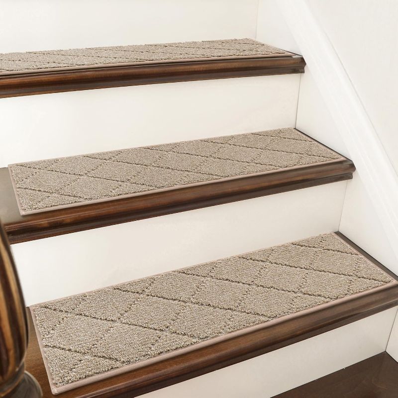 Photo 1 of COSY HOMEER Edging Stair Treads Non-Slip Carpet Mat 28inX9in Indoor Stair Runners for Wooden Steps, Edging Stair Rugs for Kids and Dogs, 100% Polyester TPE Backing(4pc, Beige)

