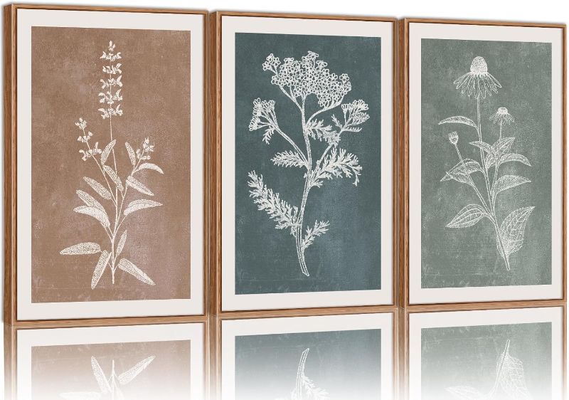 Photo 1 of SIGNINART Neutral Botanical Framed Canvas Wall Art Set, Vintage Floral Wall Decor, Boho Minimalist Plant Wall Painting, Art Print for Farmhouse Living Room, Bedroom, Office, Bathroom 16"x24"x3
