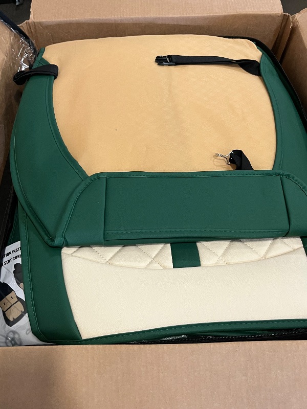 Photo 1 of Green Car Seat Covers Full Set, Universal Nappa Leather Seat Cover 5 Seat Waterproof & Breathable Automotive Seat Protector Full Coverage for Cars Sedens, Trucks, SUVs, Vans (White & Green)