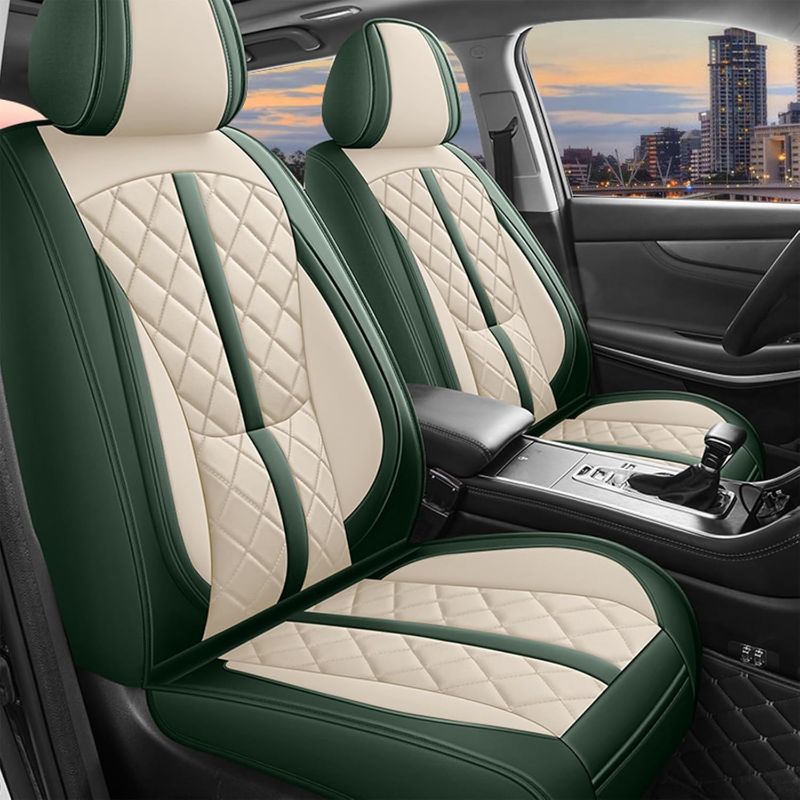 Photo 1 of Green Car Seat Covers Full Set, Universal Nappa Leather Seat Cover 5 Seat Waterproof & Breathable Automotive Seat Protector Full Coverage for Cars Sedens, Trucks, SUVs, Vans (White & Green)