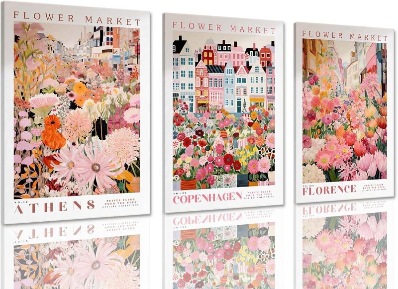 Photo 1 of XLARTMY Flower Market Wall Art Print Canvas Framed Pink Floral Paintings Colorful Botanical Sunflower Artwork Travel Poster for Decor Picture 3 pieces for Living Room Bedroom Bathroom 12x16in
