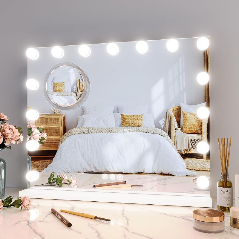 Photo 1 of GAOMON Vanity Mirror with Lights, Lighted Mirror with 15 Dimmable LED Bulbs, Makeup Mirror with 3X Magnification, 3 Colors Modes,Touch Control, Metal Frame,White