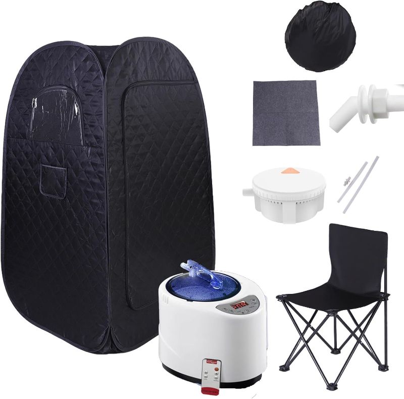 Photo 1 of Foldable Portable Steam Sauna, Personal Sauna Tent for Home SPA with 1200w 3L Steamer, Folding Chair, Remote Control (Black)
