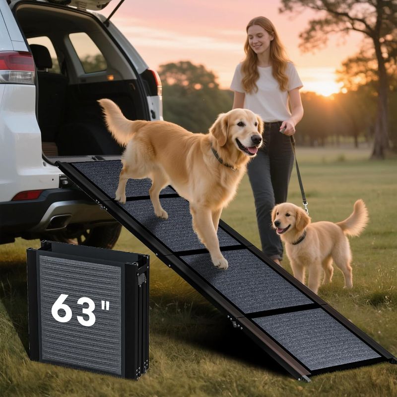 Photo 1 of HBTower 63" Long & 17.3" Wide Folding Dog Ramp for Car, SUV & Truck – Portable Pet Ramp with Non-Slip Surface, Extra Wide Steps for Large Dogs Up to 250LBS
