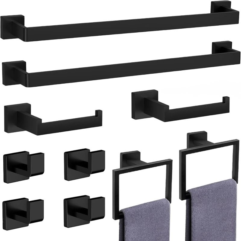 Photo 1 of 10-Pieces Matte Black Bathroom Accessories Set, Stainless Steel Bathroom Hardware Set, Towel Racks for Bathroom Wall Mounted 24 Inch Bath Towel Bar Set.

