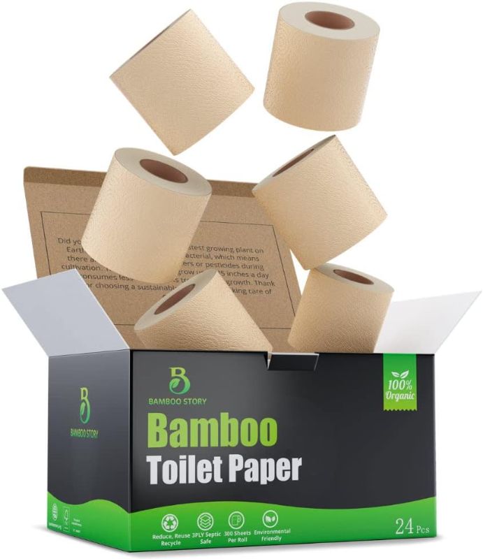 Photo 1 of Premium Bamboo Toilet Paper, PFAS Free, Chemical Free Toilet Paper, Unbleached, (24) 3PLY & 300 Sheets, FSC Certified, Organic Brown, Plant-Based, Tree-Free, Plastic Free, BPA Free (24)
