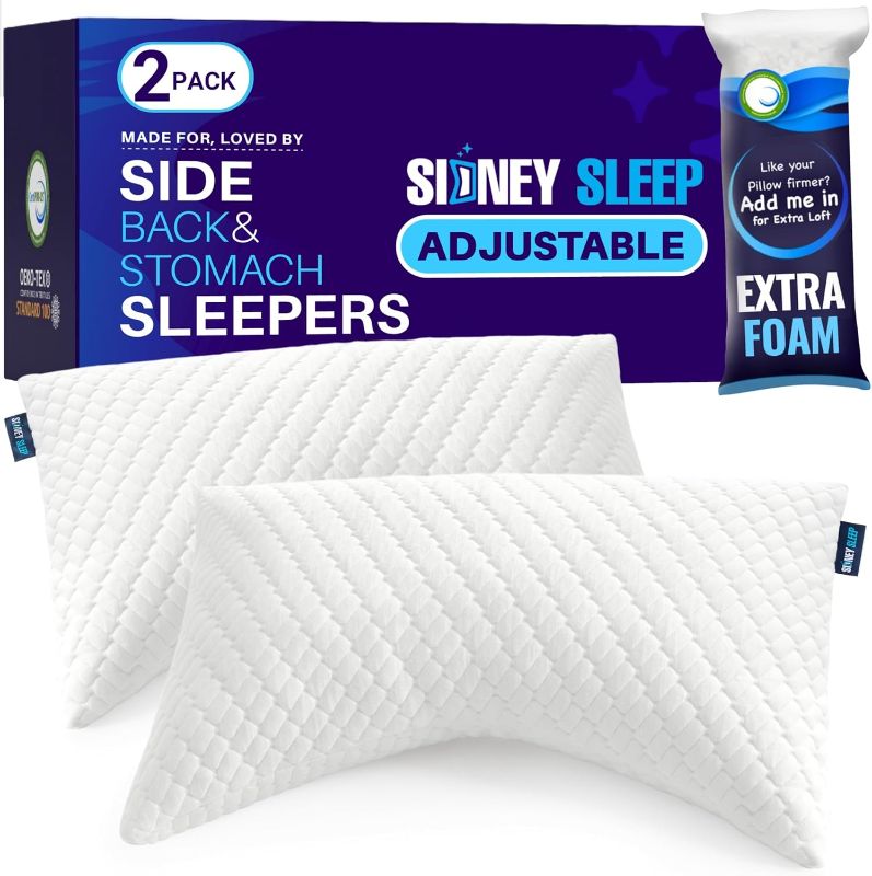 Photo 1 of Sidney Sleep Set of 2 Queen Size Bed Pillows for Side and Back Sleepers - Adjustable Filling - Memory Foam Pillows for Neck and Shoulder Pain - Customizable Loft - Extra Foam Included (White)

