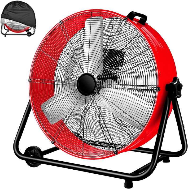 Photo 1 of 24 Inch High Velocity Heavy Duty Large Industrial Fan, Floor Fan with High Medium and Low 3 Wind Speed Adjustment, Big Fan Parameters 120V Voltage, 320W Power Red wih Fan Cover.
