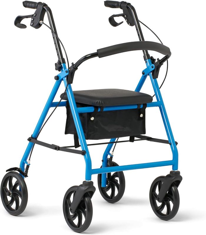 Photo 1 of Caring 4-Wheel Rollator Walker for Seniors Light Blue Rolling Walker with Seat, Hand Brakes & Storage – Heavy Duty Frame Supports 300 lbs – Foldable Mobility Aid

