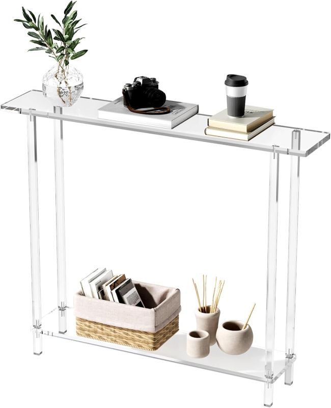 Photo 1 of Sleek Modern 2-Tier Acrylic Console Table, 39.4" L x 7.6" W x 31.5" H - Entryway Table for Hallway, Living Room, Sofa Side, Small Spaces (Clear)
