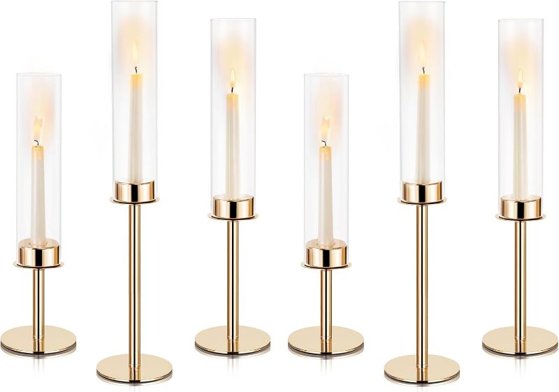 Photo 1 of Hurricane Glass Candle Holders, Set of 6 Metal Taper Candlesrick Holders for Centerpieces Tall Gold Candle Stands Bulk with Glass Cylinder for Wedding Birthday Party Table Decor
