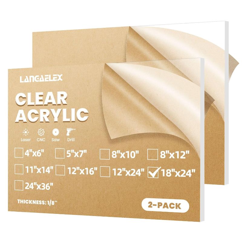 Photo 1 of Plexiglass Sheets 1/8" (3mm) Thick - 2 Pack of 18x24 Clear Cast Acrylic Sheets for Laser Cutting, Signs, Glass Replacement, DIY and Crafts Project

