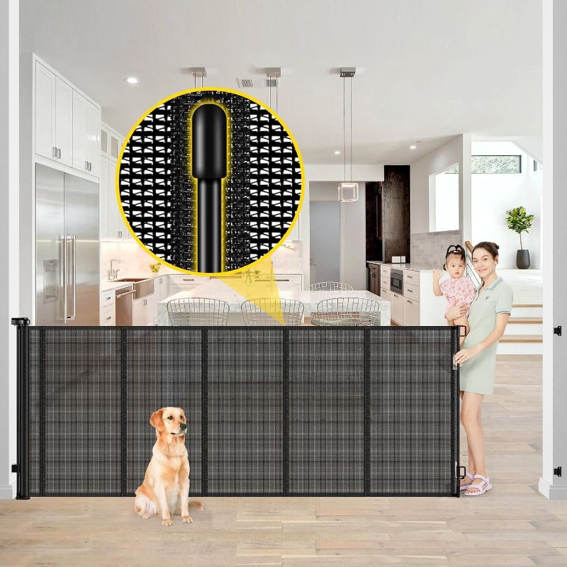 Photo 1 of Reinforced 42” Extra Tall x 80” Wide Retractable Baby Gates with Rods to Prevent Crawling Through, Extra Tall Pet Gate for Large Openings Indoor Long Mesh Dog Gate for Stairs and Doorways, Black
