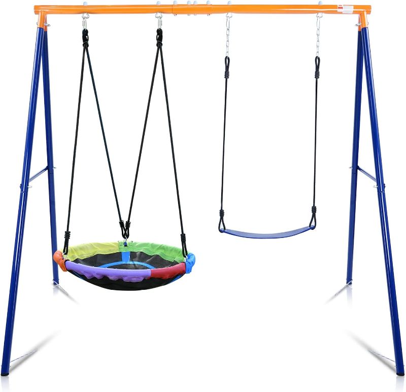 Photo 1 of Swing Set for Backyard, 440lbs Swing Set with Heavy-Duty A-Frame Metal Stand, 1 Saucer Swing Seat & 1 Belt Swings Seat