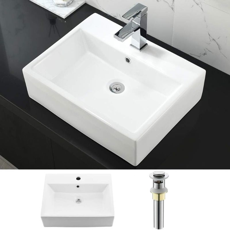Photo 1 of White Vessel Sink with Overflow One Hole -WMXQX 21"x16" Rectangle Ceramic Bathroom Vessel Sink with Drain Above Counter Porcelain Bathroom Vanity Sink Washing Art Basin
