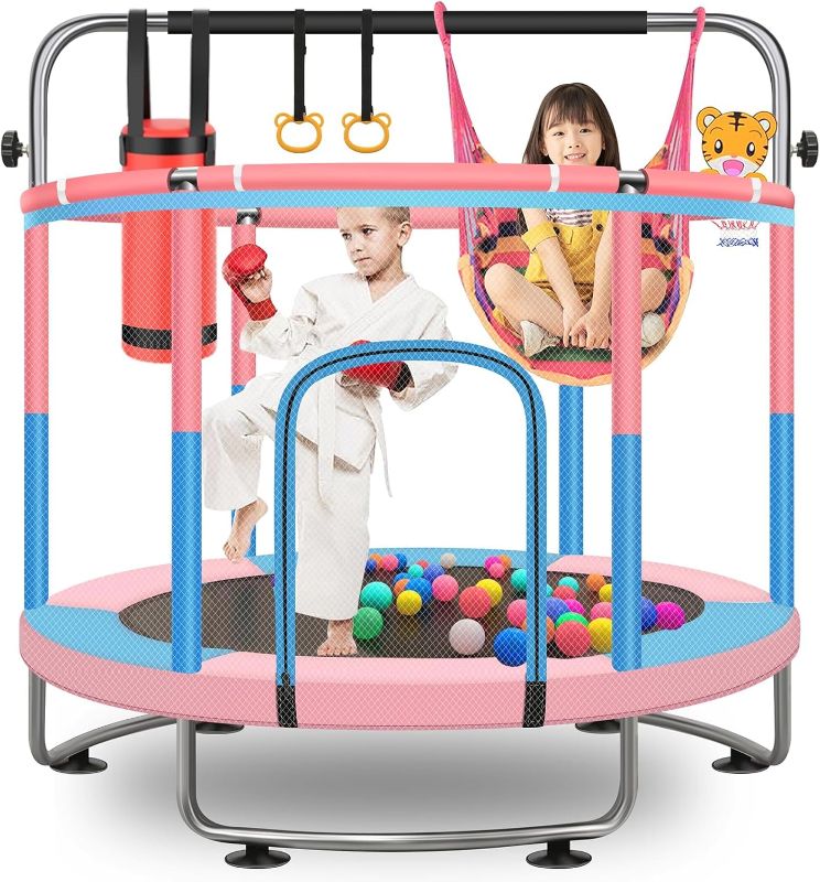 Photo 1 of 60" Toddler Trampoline for Kids, 5FT Adjustable Trampoline Indoor Outdoor with Enclosur Net, Mini Trampoline for Kids 3-10, 880lbs Capacity, Adjustable Gymnastics Bar, Basketball Hoop, Swing
