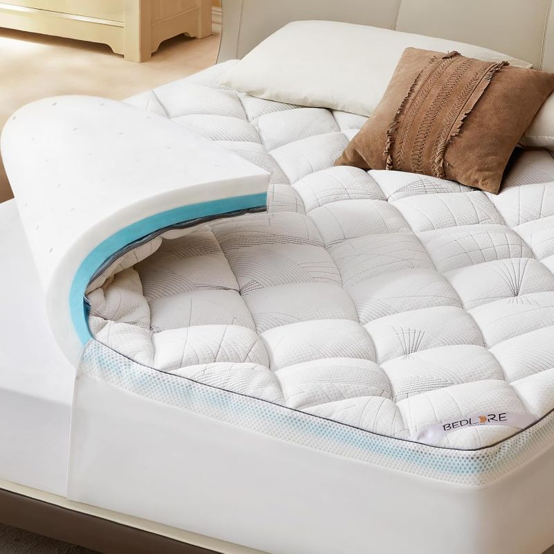 Photo 1 of Bedlore 4-Inch Queen Mattress Topper for Back Pain - Dual Layer Medium Support (2" Gel Memory Foam + 2" Cooling Fluffy Pillow Top Pad), Breathable & Pressure Relief (White)
