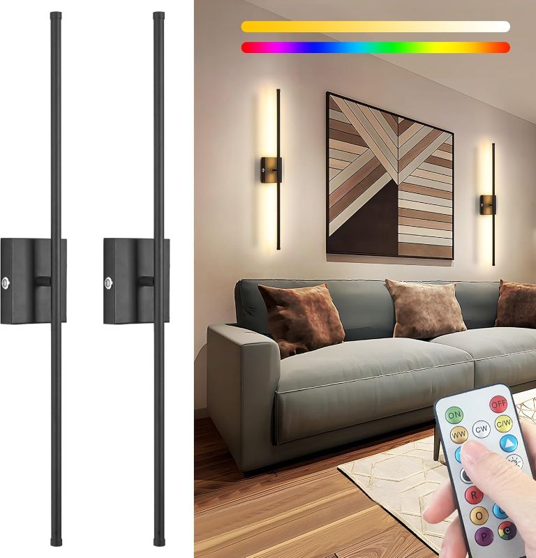 Photo 1 of 31.5 inch Battery Operated Wall Sconce Set of 2, 10000mAh Rechargeable Wall Light with Remote Control, RGB Dimmable Wireless Sconces Wall Decor for Bedroom Living Room Hallway, 360°Rotate, Black
