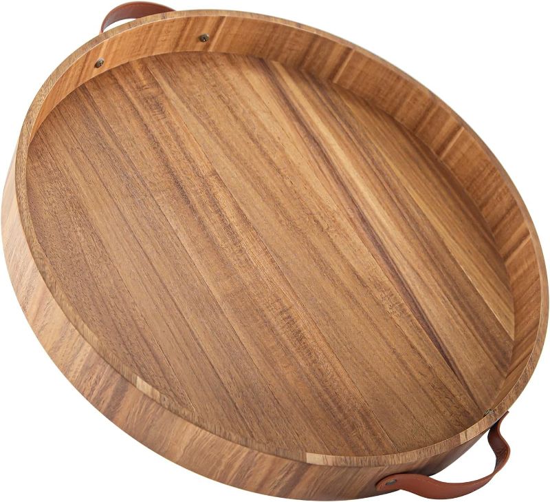 Photo 1 of Ottoman Tray with Handles, 20 Inches Round Large Tray for Ottoman Wooden Serving Tray Decorative Trays for Living Room Wooden Trays for Party, Dinner, Breakfast, Appetizers, Entertaining Guests
