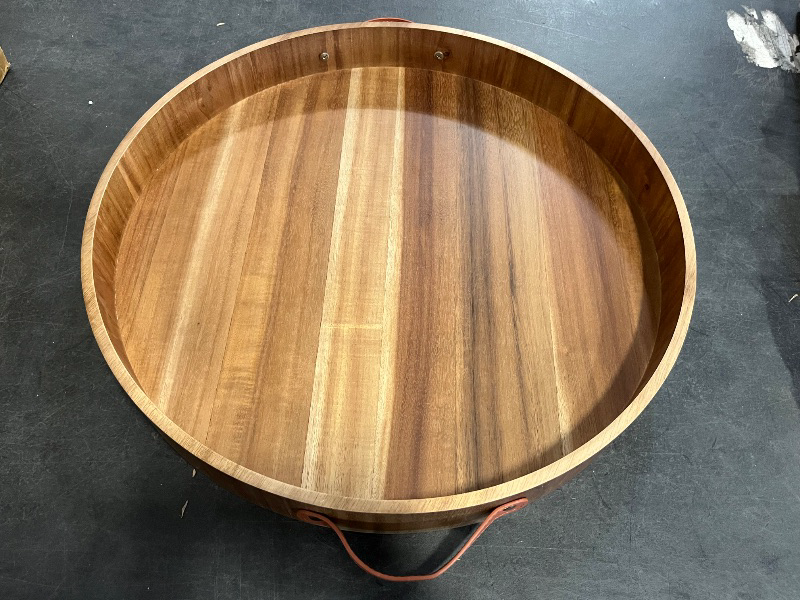 Photo 1 of Ottoman Tray with Handles, 20 Inches Round Large Tray for Ottoman Wooden Serving Tray Decorative Trays for Living Room Wooden Trays for Party, Dinner, Breakfast, Appetizers, Entertaining Guests
