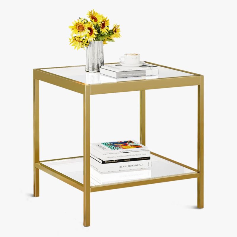 Photo 1 of 2 Tier Square End Side Table Night Stand, Tempered Glass Gold Metal Frame