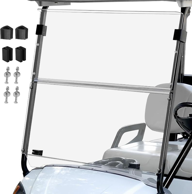 Photo 1 of Golf Cart Foldable Windshield 3/16" (5MM) Thicken Only Fits 2007-2016 Yamaha G29/Drive, Fits 1"×1" Struts Rail Front Folding Acrylic Windshield Replacement, Included Mounting Hardware
