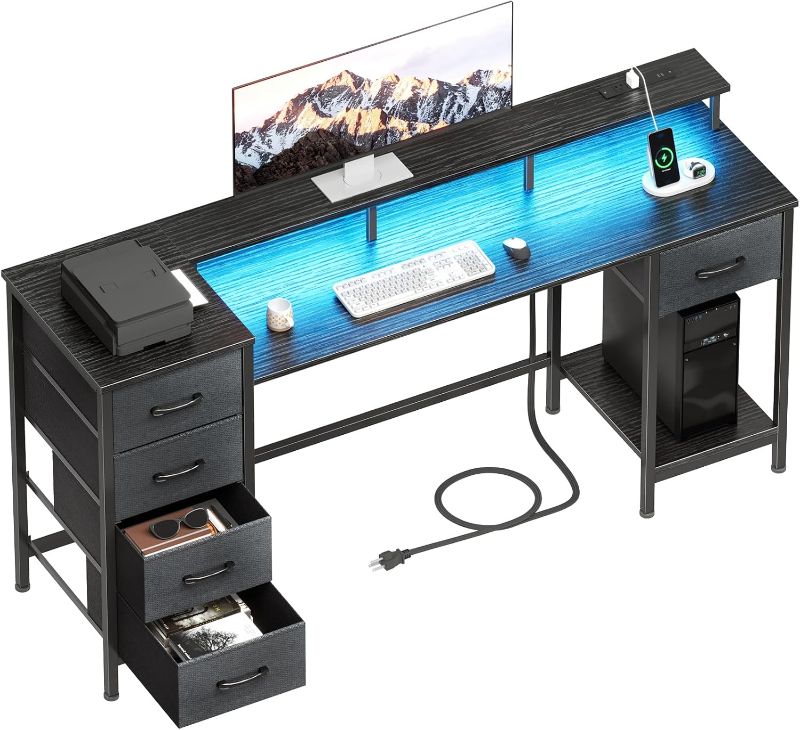 Photo 1 of 55 Inch Computer Gaming Desk with Power Outlets LED Lights Reversible Home Office with Adjustable Fabric Storage Drawers for Working Writing Study, Black
