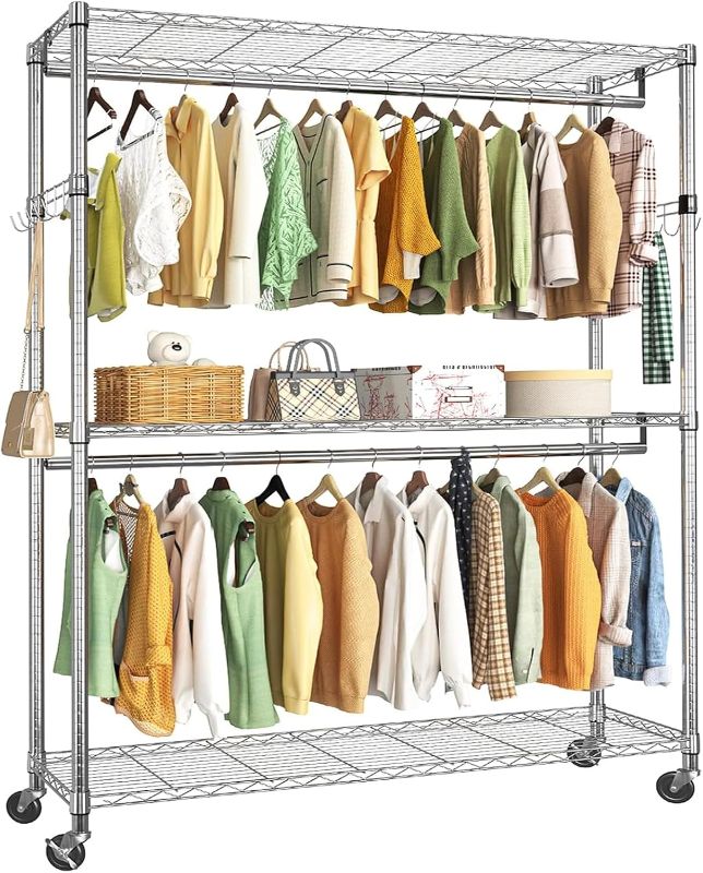 Photo 1 of Simple Trending Portable Closet Wardrobe, Heavy Duty Clothes Rack with Storage Shelves, Garment Rack Double Rods with Wheels for Hanging, Chrome
