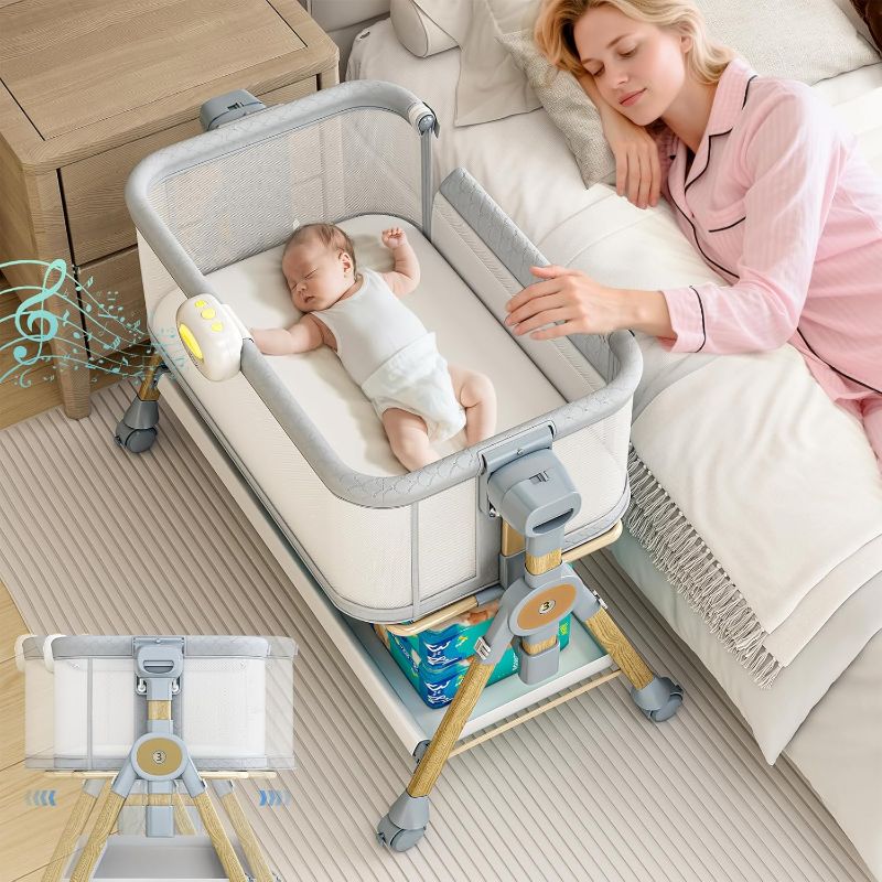 Photo 1 of 3 in 1 Baby Bassinet Bedside Sleeper, Rocking Bassinet for Baby with Wheels, Music Night Light, Storage Basket, Mattress, Adjustable Height, Portable Rocking Bedside Sleeper for Newborn Infant
