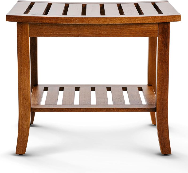 Photo 1 of Teak shower bench with Storage Shelf, Shower Stool for Inside Shower, Waterproof Shower Bench Seat, Shower Chair for Inside Shower, Wood Bench, Bathroom Bench (Natural Color)
