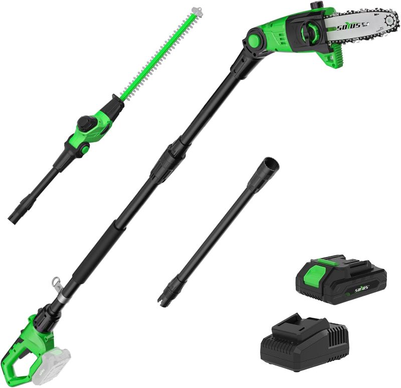 Photo 1 of SOYUS Pole Saw 8-Inch Cordless and 18-Inch Pole Hedge Trimmer 2-in-1, 15-Foot Max Reach Pole Saw for Tree Trimming, 16ft/s Speed, Auto Oiling, Multi-Angle Pole Chainsaw with 2.0Ah Battery & Charger
