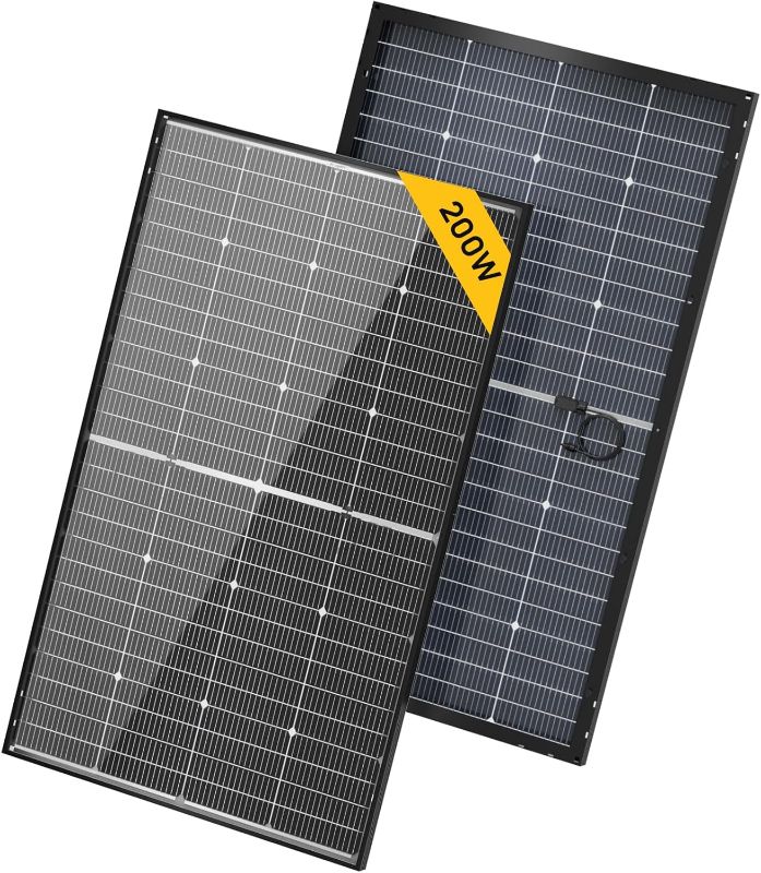 Photo 1 of BougeRV 24V N-Type 16BB 200W Bifacial Solar Panel, 24V 200 Watt Solar Panel, for RV Camping Boat Marine Log Cabin Roof, Charing Golf Cart Lithium Battery, Black Frame (1PCS)
