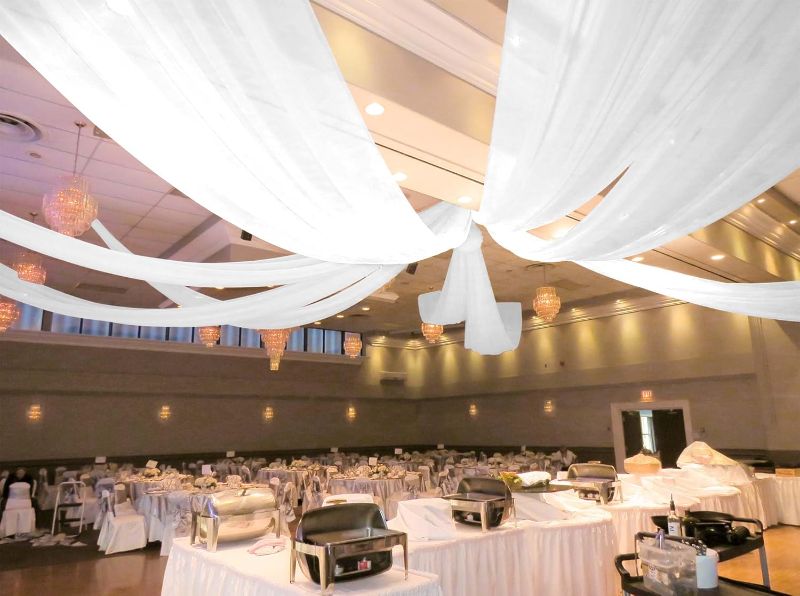 Photo 1 of 6 Panels White Ceiling Drapes for Wedding 5ftx30ft Ceiling Drapes Wedding Arch Draping Fabric Cheesecloth Sheer Curtain Romantic Ceiling Decorations for Wedding Party Banquet Ceremony Stage
