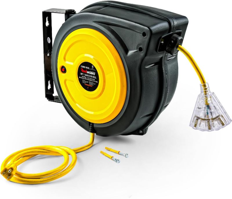 Photo 1 of ReelWorks Extension Cord Reel Retractable 12AWG x 50' Foot 3C/SJTOW Glow Strip Cable and Lightup Triple Tap Connector Advanced Slow Retraction Technology (SRT)
