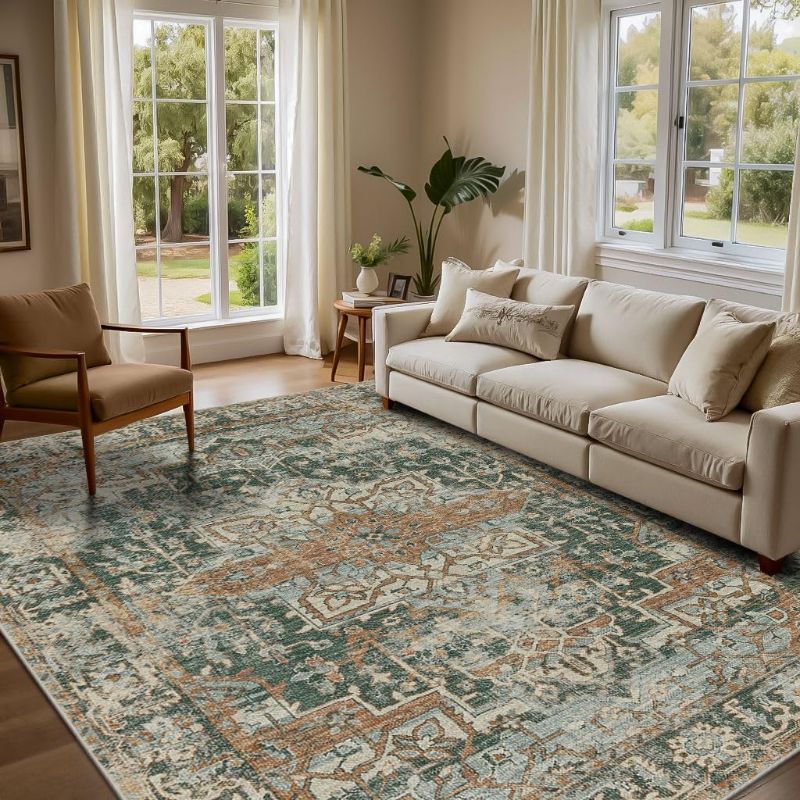 Photo 1 of 5x7 Area Rugs for Living Room Bedroom, Washable Rug, Green Vintage Retro Boho Rug, Non Slip & Low Pile Faux Wool Thin Carpet for Indoor Dining Room and Kids Room(Green/Brown 5x7ft)
