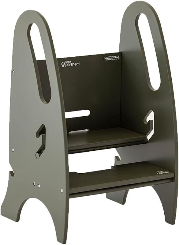 Photo 1 of Little Partners 3-in-1 Growing Step Stool Toddler Tower Helper Step Stool, Wooden Standing Stool for Bathroom or Kitchen, Anti-Slip Feet, Built-in Safety Hand Rails Up to 100 lbs. (Olive Green)
