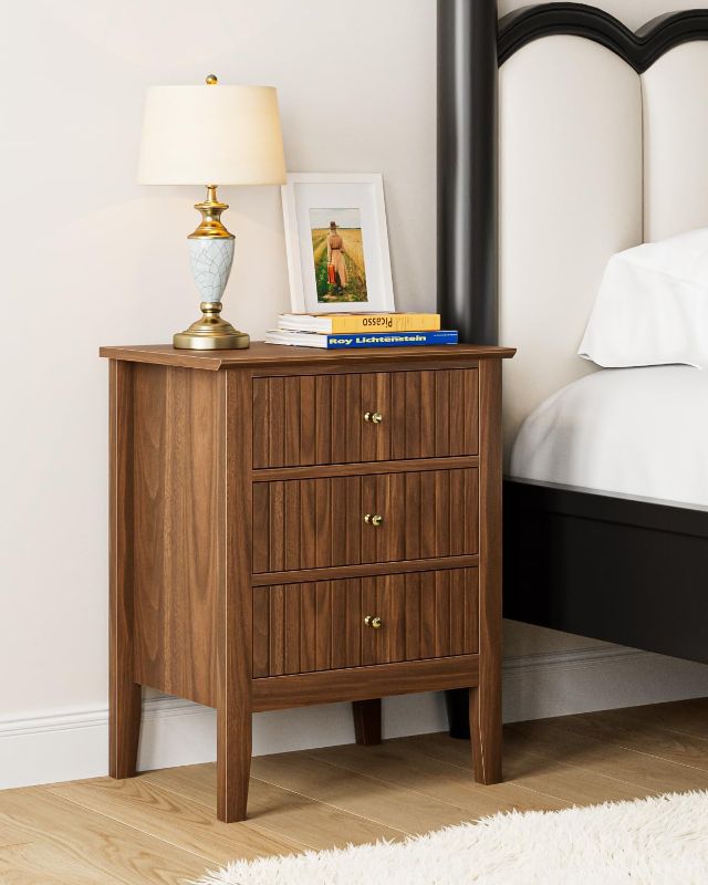 Photo 1 of Night Stand, Fluted Nightstand Bedside Tall Farmhouse Nightstand with 3 Drawers, Mid Century Modern Side Accent Table,Bedside End Table for Bedroom, Living Room, Walnut
