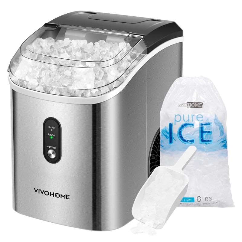 Photo 1 of VIVOHOME Electric Portable Compact Countertop Automatic Chewable Nugget Ice Cube Maker Machine with Hand Scoop 10 Ice Bags and Self Cleaning Function 33lbs/Day Silver
