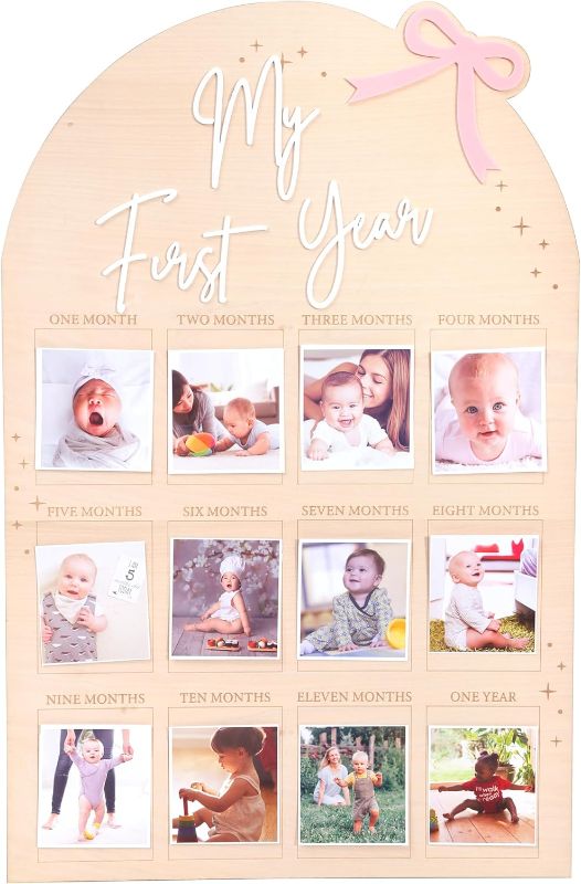 Photo 1 of WAUAO Bow My First Year Birthday Board - One Year Of Photo Board,Monthly Milestone Wood Photo Board,First Birthday Decorations Girl,12 Months Photo Banner
