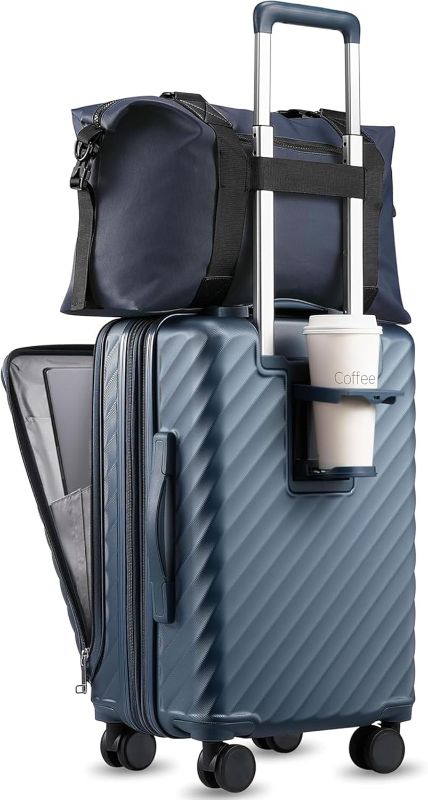 Photo 1 of LUGGEX Carry On Luggage with Compartment and Cup Holder, Expandable PC Hard Shell Suitcase with Front Pocket (Midnight Blue, 2-Piece (20/Tote))
