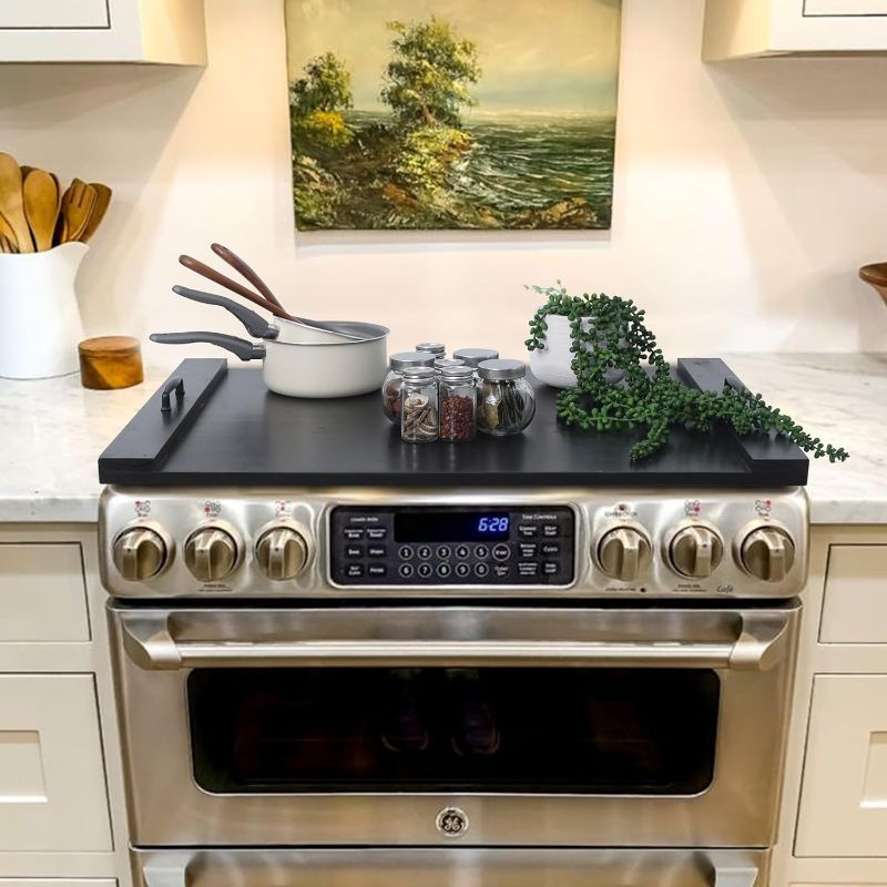 Photo 1 of SwallowLiving Wood Noodle Board Stove Cover with Handles, Wooden Stovetop Cover Board for Gas Stove and Electric Stove Top,Kitchen Sink Cover for Counter Space, Cutting Board, Black
