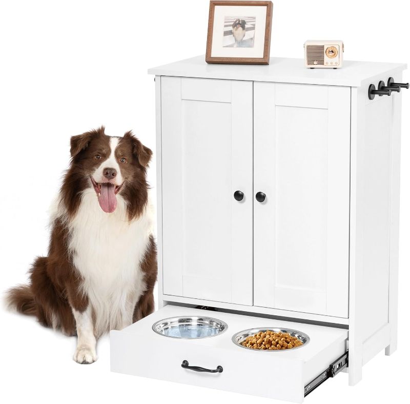Photo 1 of ALINE FURNITURE Dog Feeding Station with Storage Cabinet and 2 Elevated Dog Bowls, Hidden Pet Feeder Station Wood, Dog & Cat Storage Organizer, White
